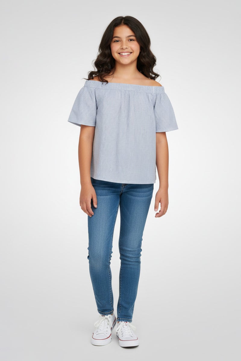 guppy Kids Girl Round Neck Short Sleeve Stripe Top, Multicolor - Image 1